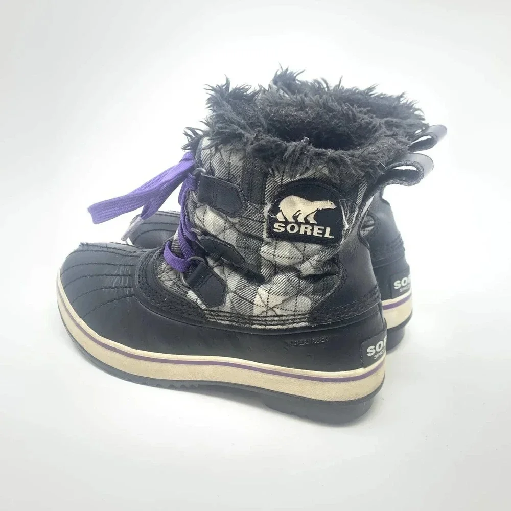 Sorel Tivoli II Leather Plaid Lace-Up Snow Boots‎ Black Gray Purple Size US 5